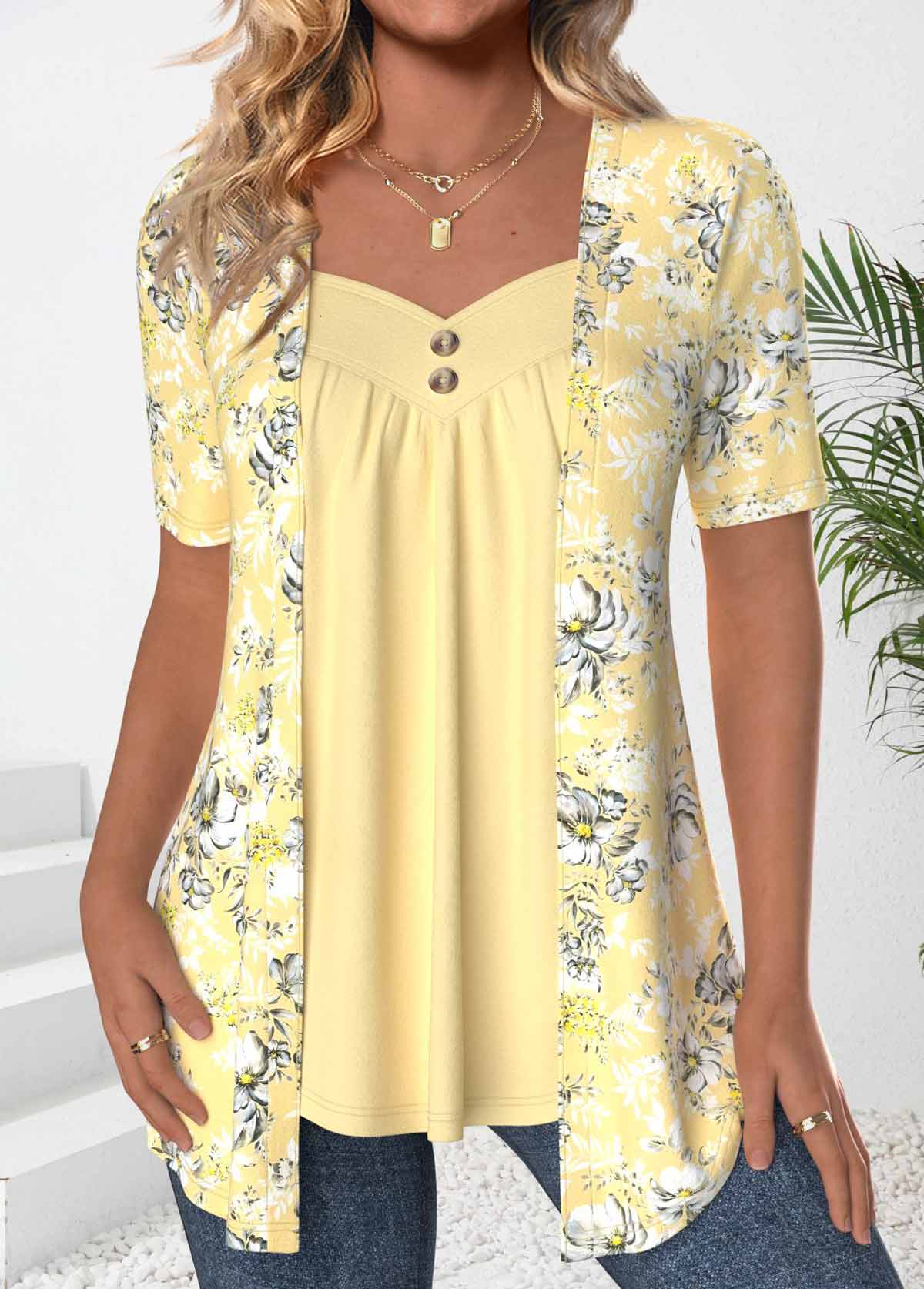 Light Yellow Fake 2in1 Floral Print T Shirt