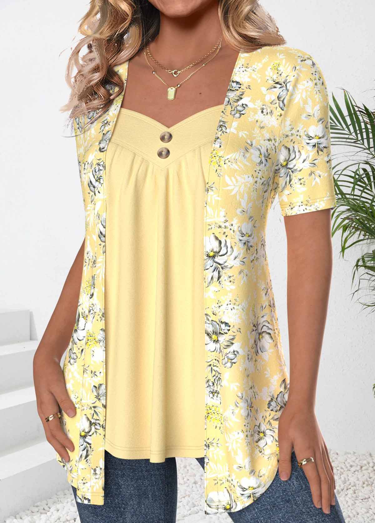Light Yellow Fake 2in1 Floral Print T Shirt