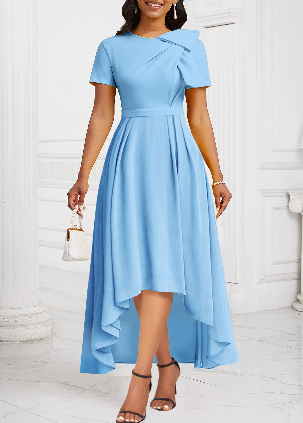 Light Blue Patchwork High Low Short Sleeve Dress