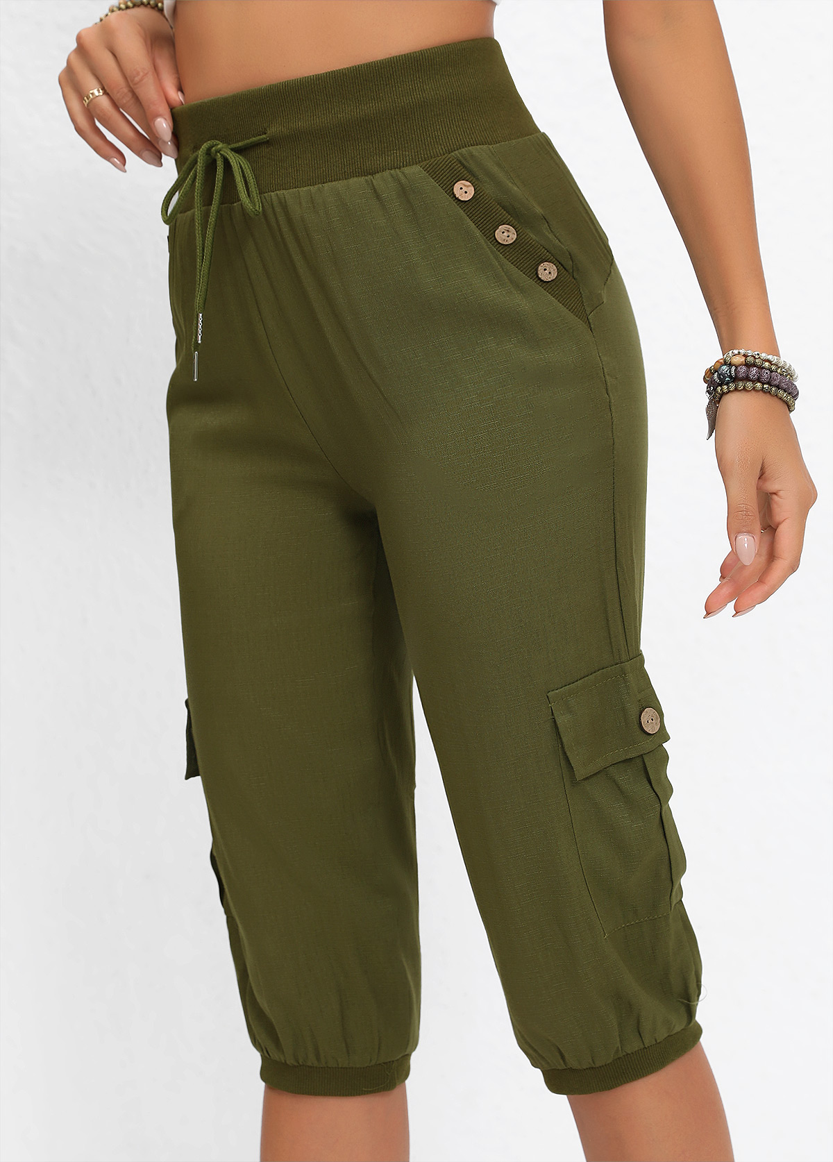 Olive Green Pocket Jogger Elastic Waist High Waisted Pants
