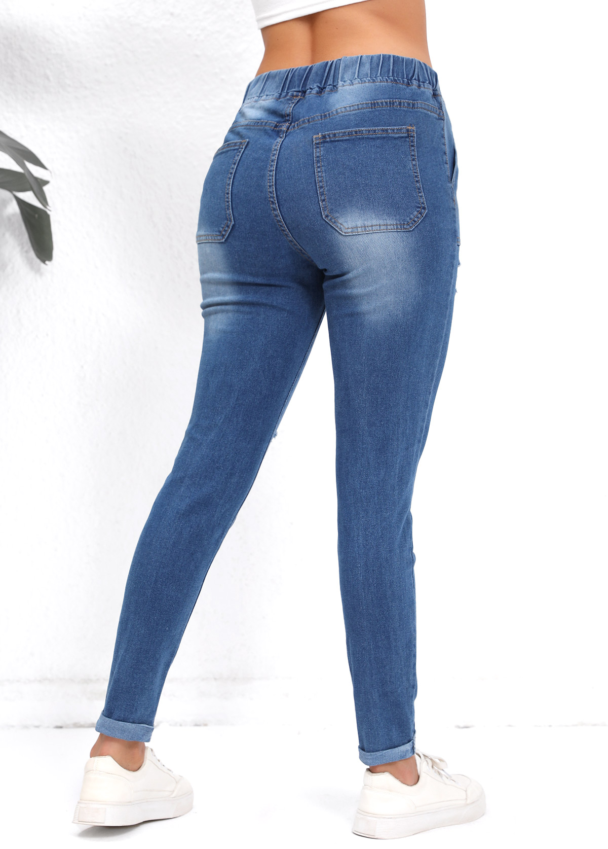 Denim Blue Pocket Skinny Elastic Waist High Waisted Jeans