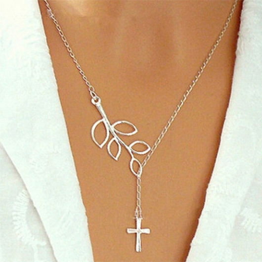 Silvery White Plants Print Cross Alloy Necklace