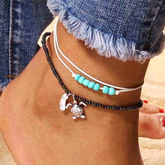 Beaded Mint Green Turtle Alloy Anklet Set