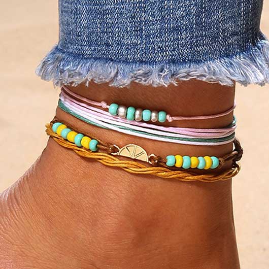 Beaded Multi Color Alloy Anklet Set