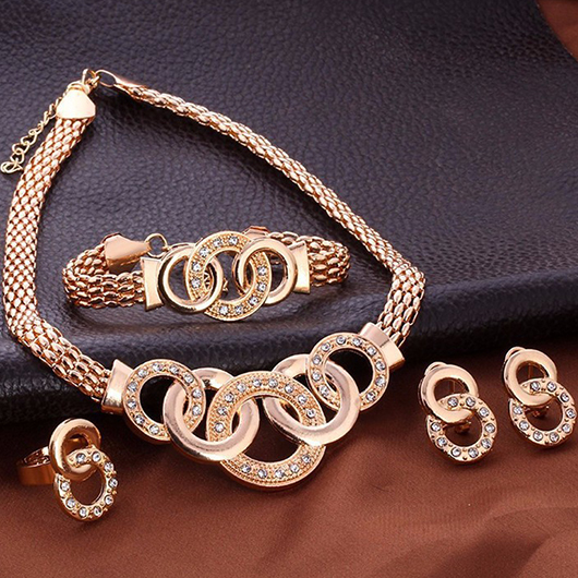 Gold Round Alloy Necklace Earrings and Wristband Set