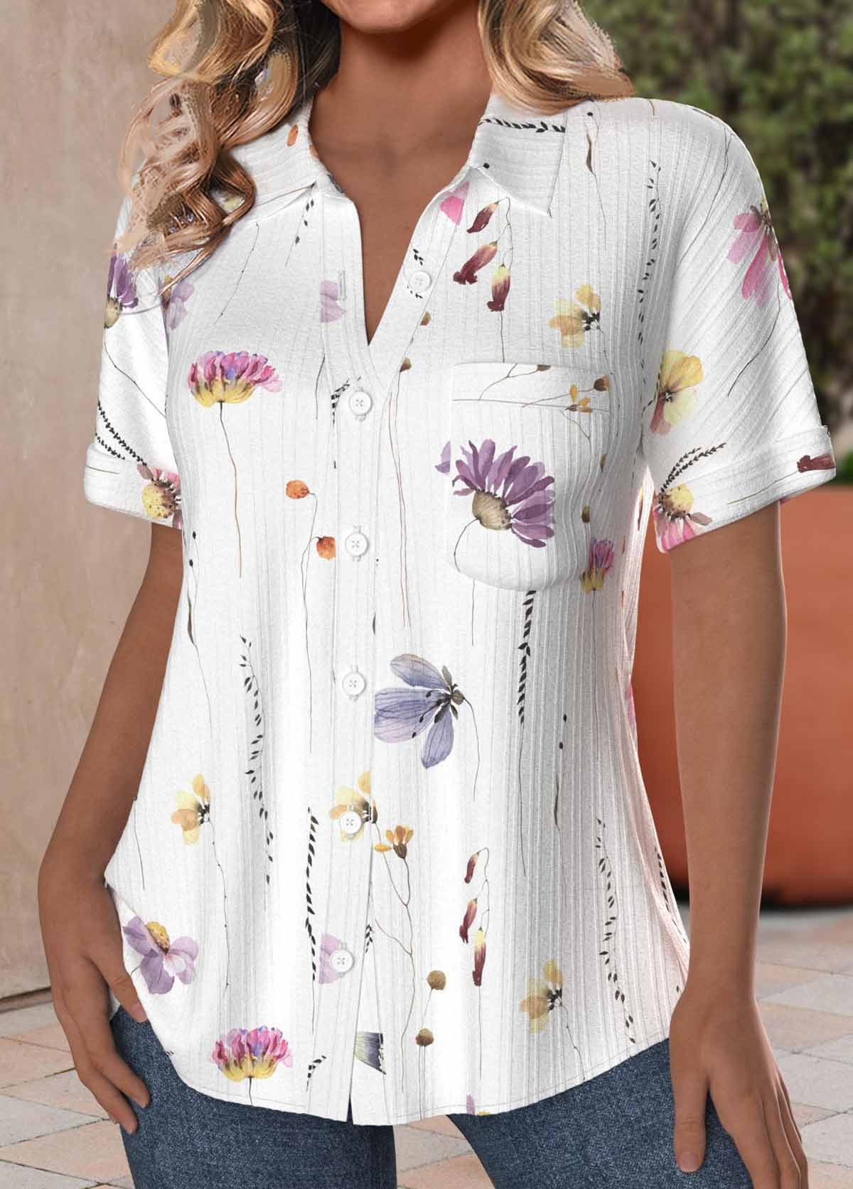 Plus Size White Textured Fabric Floral Print Blouse