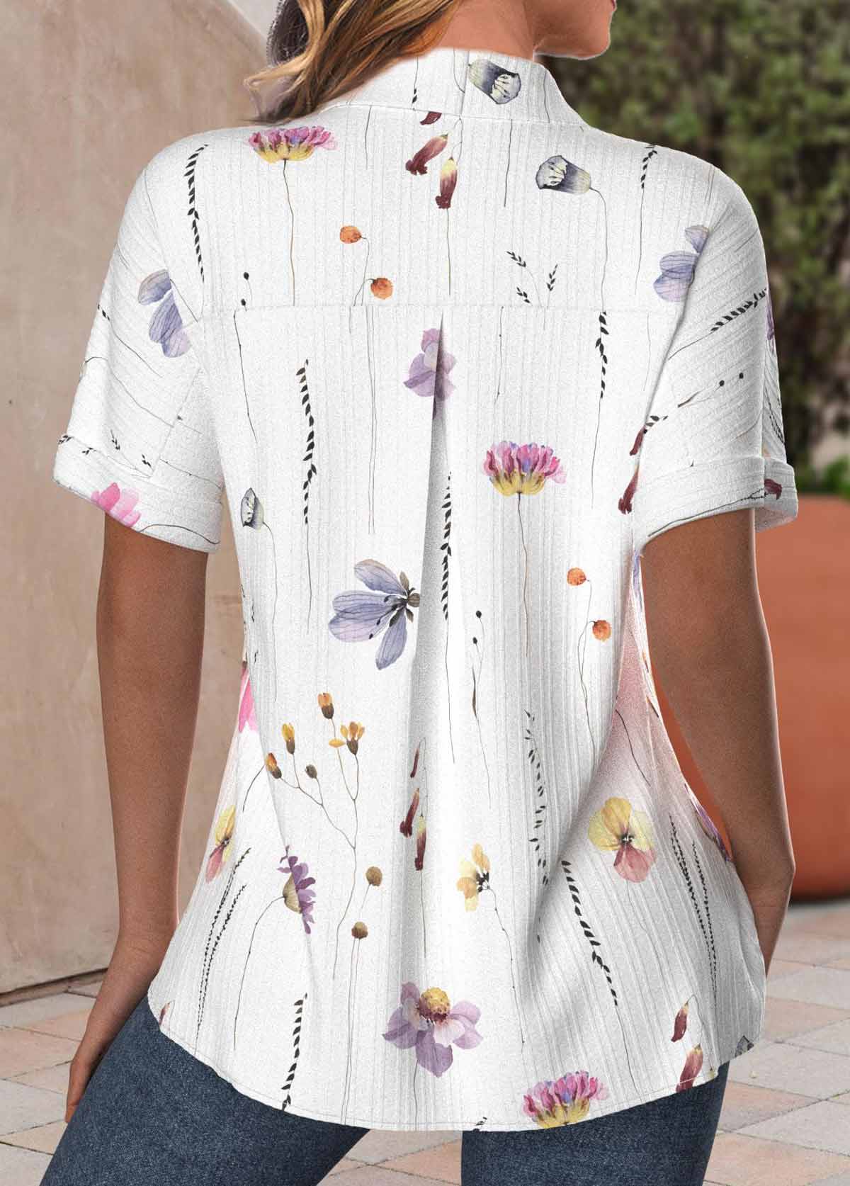 White Textured Fabric Floral Print Short Sleeve Blouse