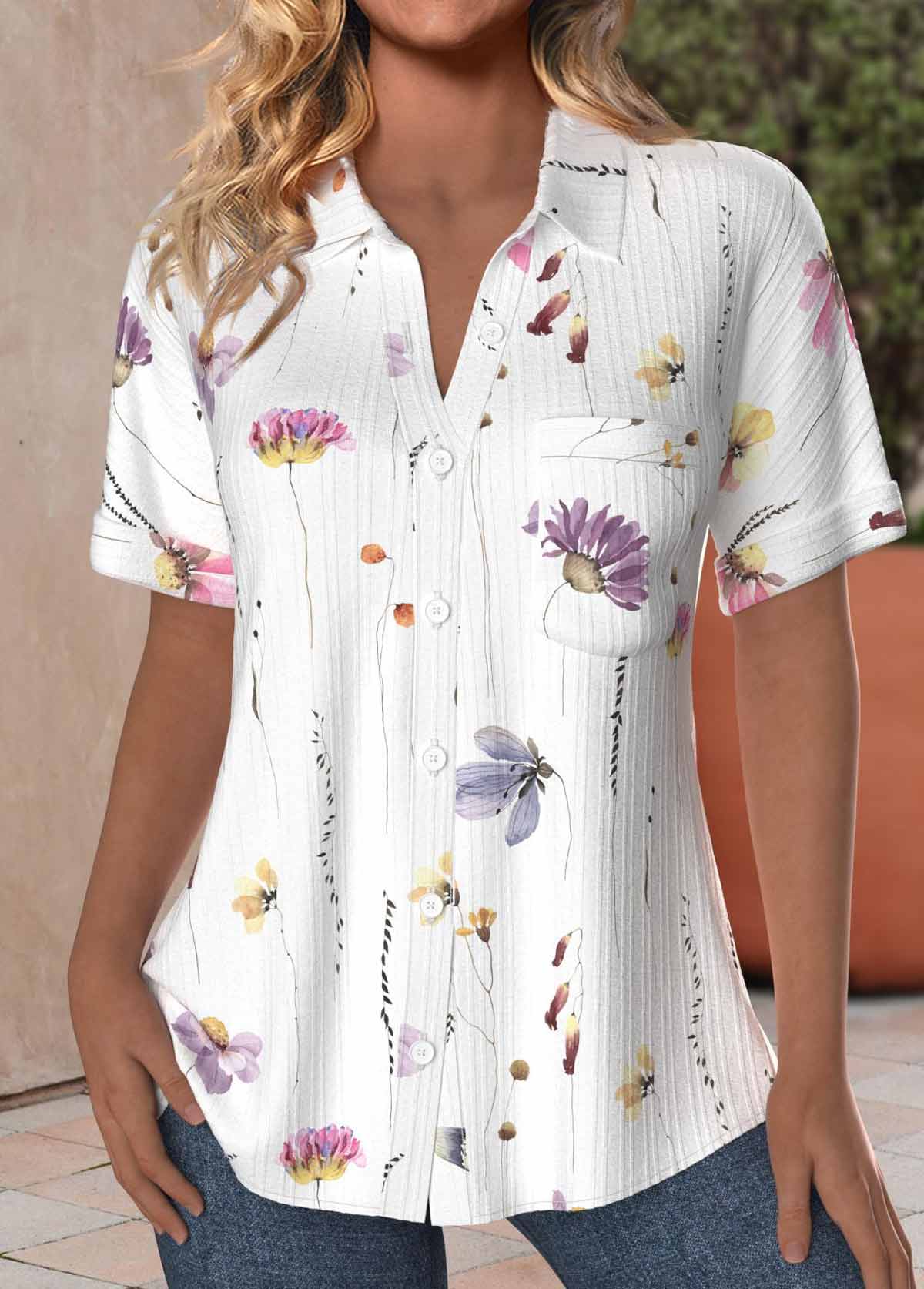 Plus Size White Textured Fabric Floral Print Blouse