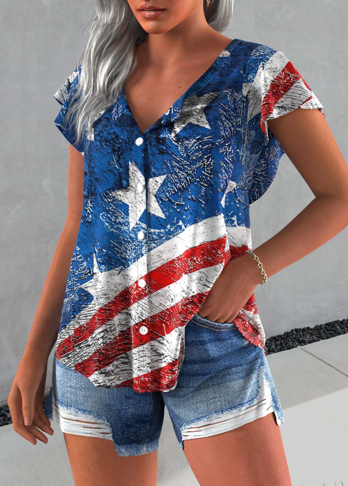 Blue Button Flag Print Short Sleeve Round Neck Blouse | picture 