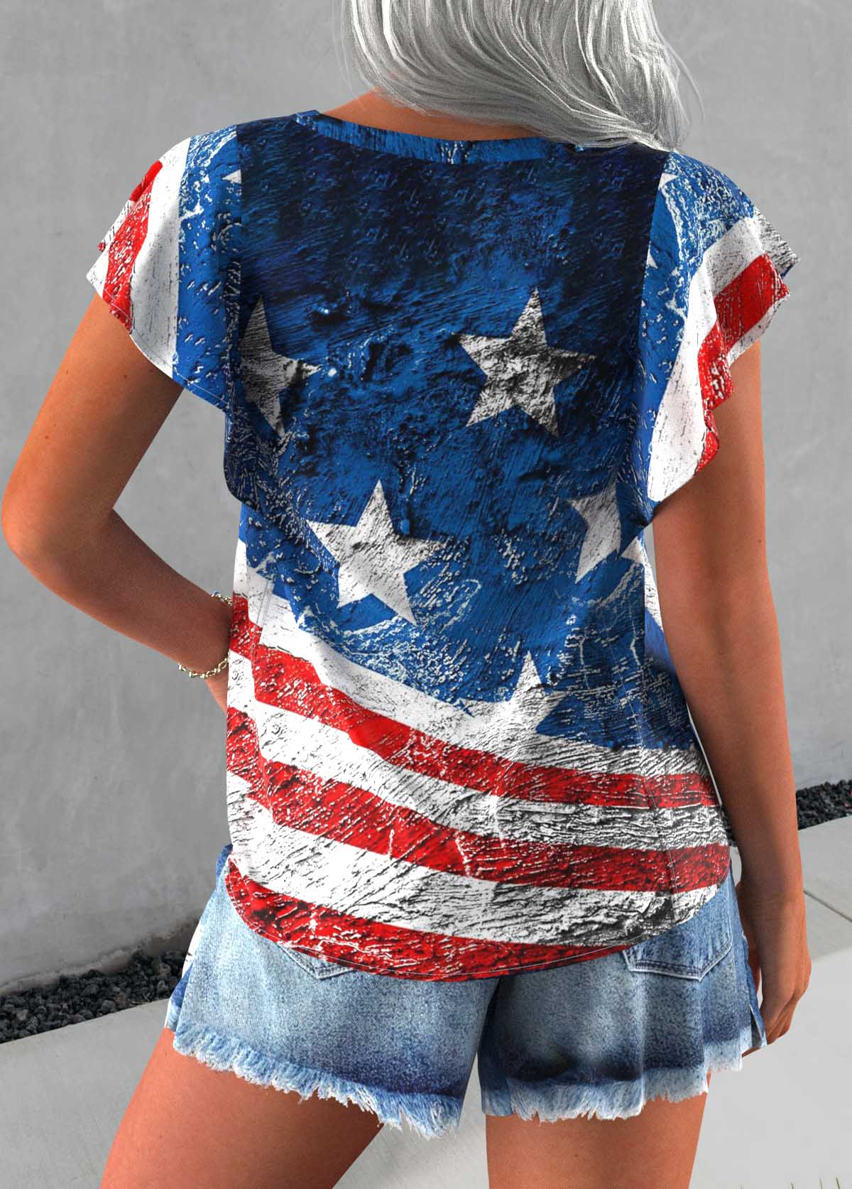 Blue Button Flag Print Short Sleeve Round Neck Blouse | picture 