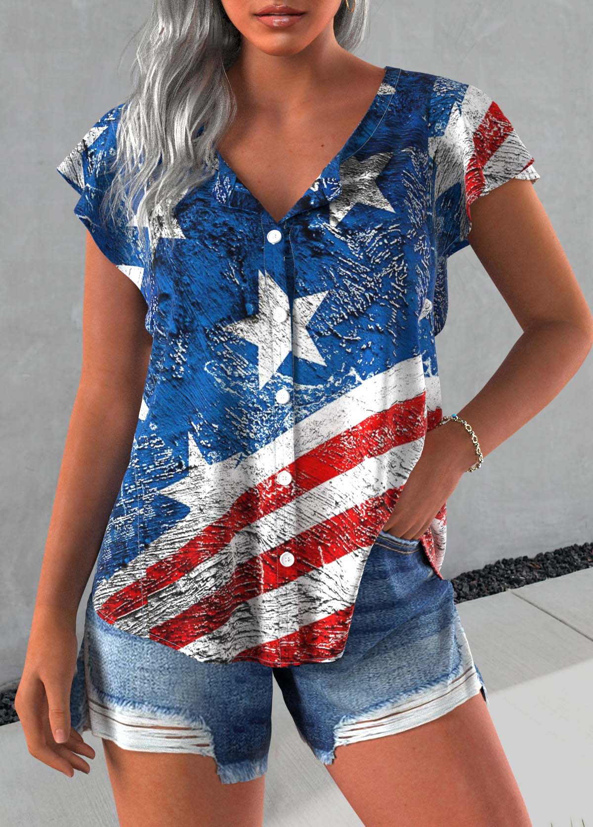 Blue Button Flag Print Short Sleeve Round Neck Blouse | picture 