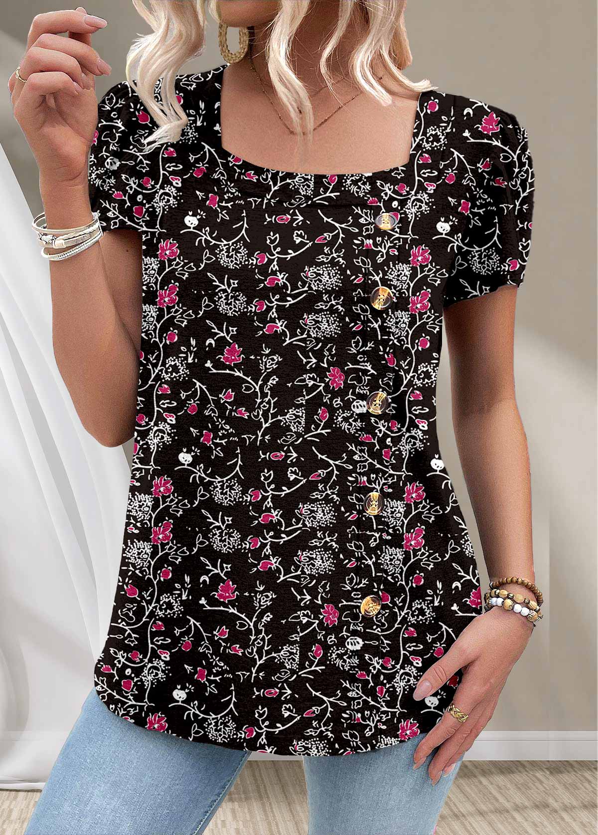 Plus Size Black Button Ditsy Floral Print T Shirt