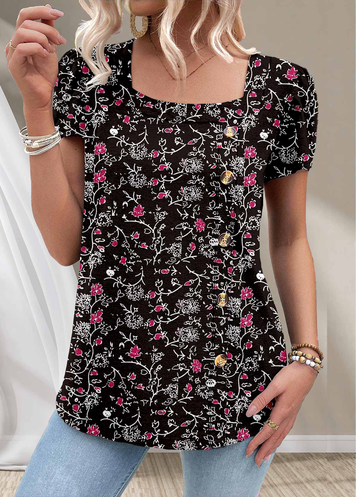 Plus Size Black Button Ditsy Floral Print T Shirt | picture 