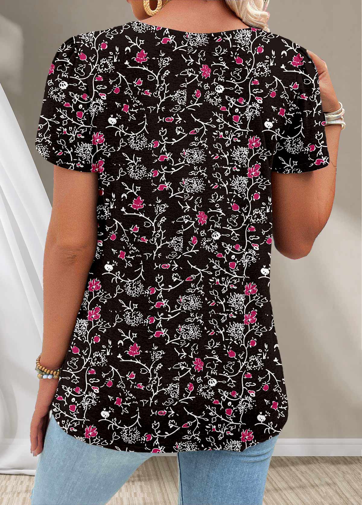Plus Size Black Button Ditsy Floral Print T Shirt | picture 