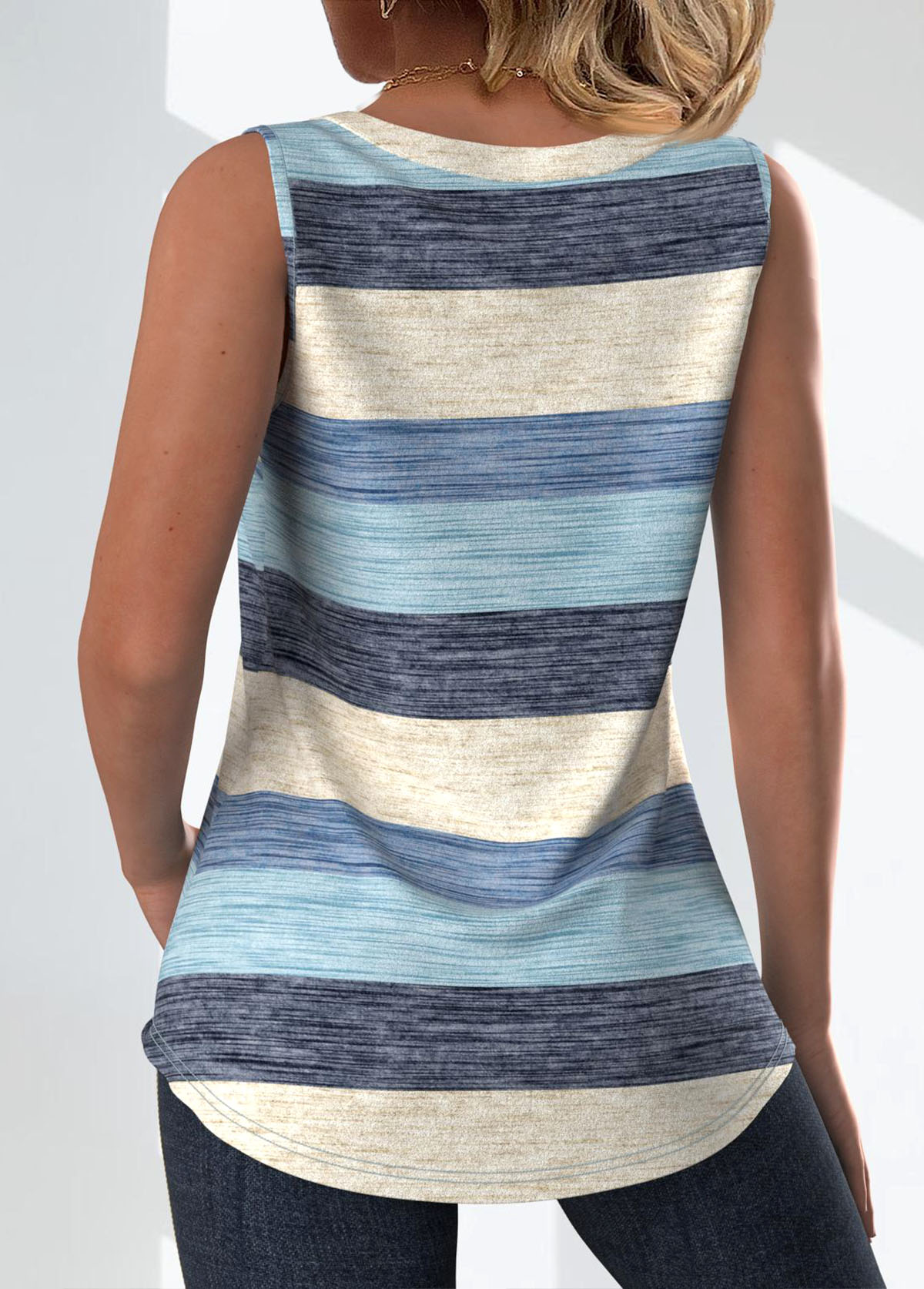Plus Size Light Blue Button Striped Sleeveless Tank Top | picture 