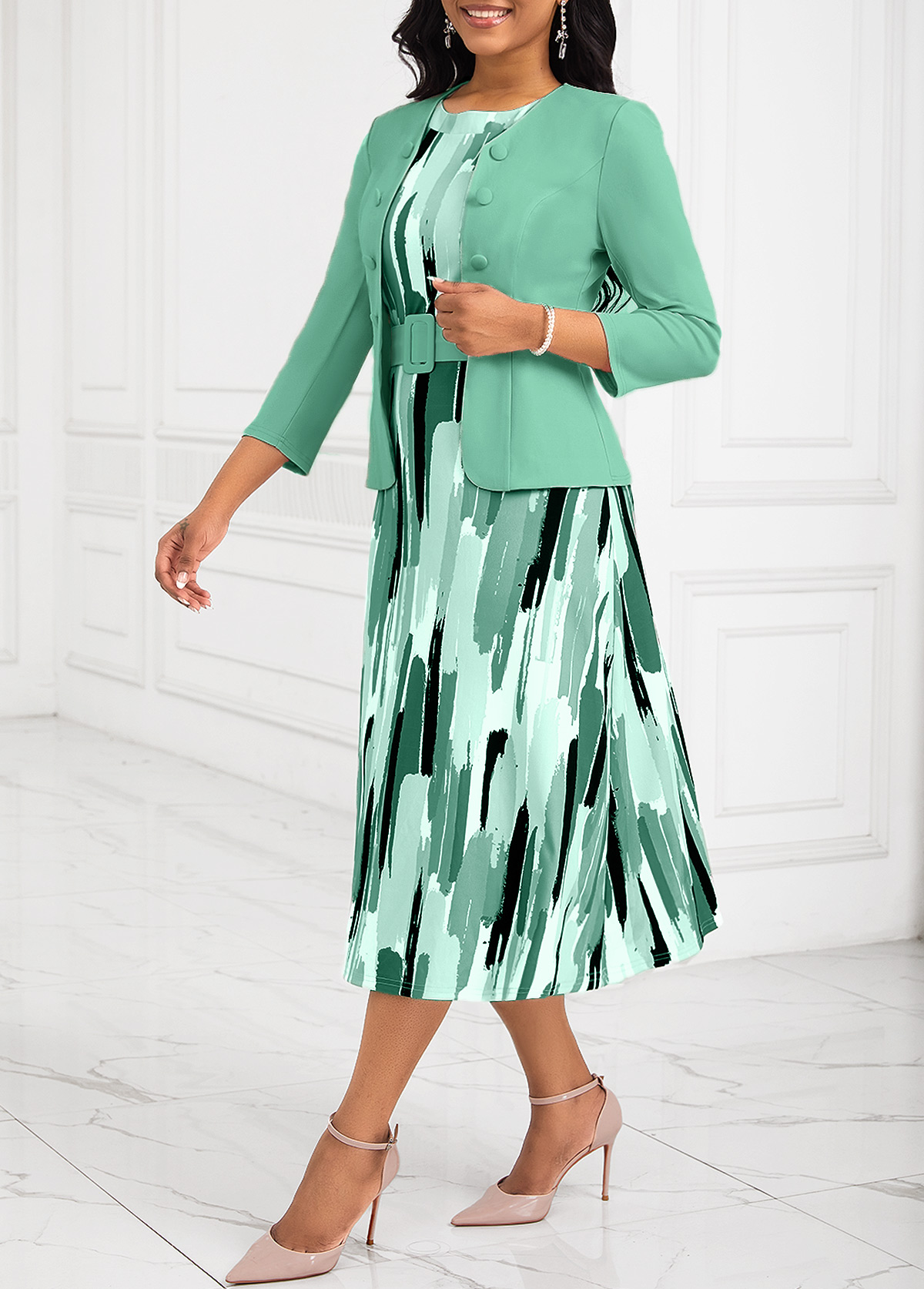 Mint Green Two Piece Belted Round Neck Dress and Cardigan