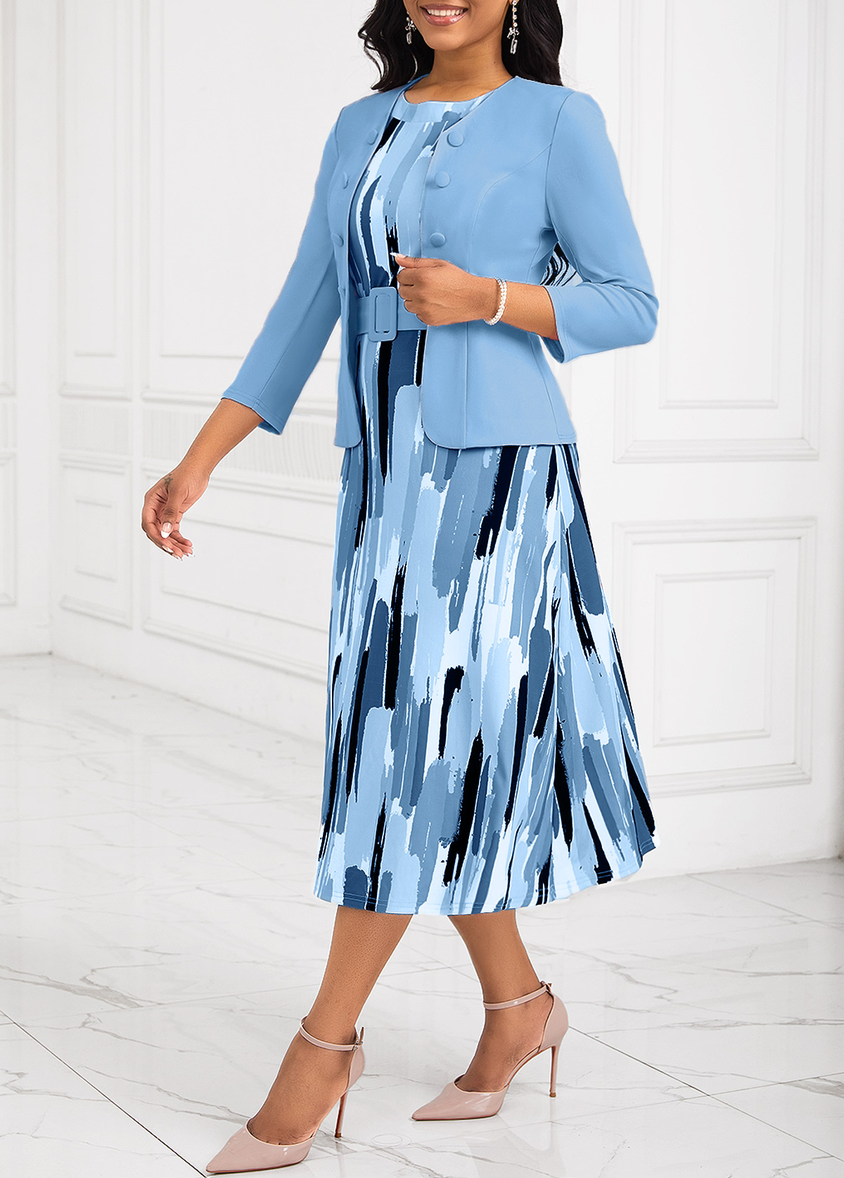 Light Blue Two Piece Belted Round Neck Dress and Cardigan