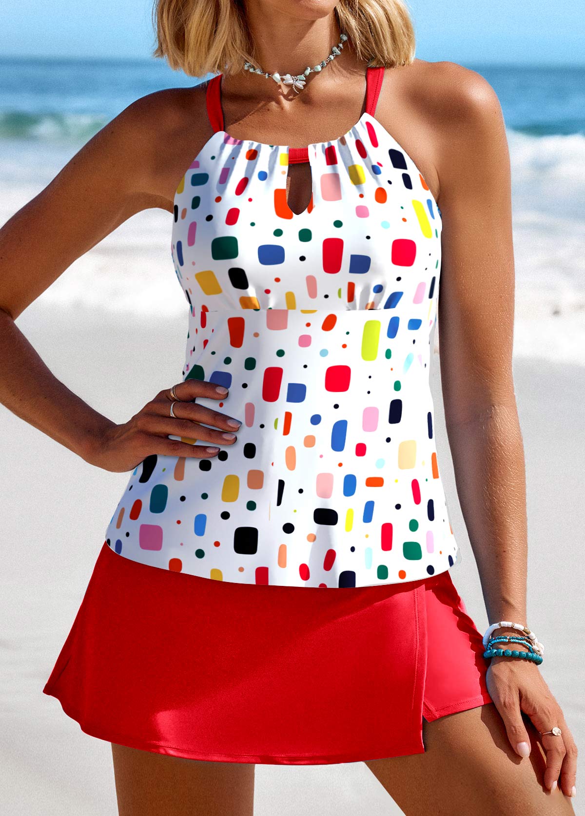 Cut Out Geometric Print Red Tankini Set | picture 