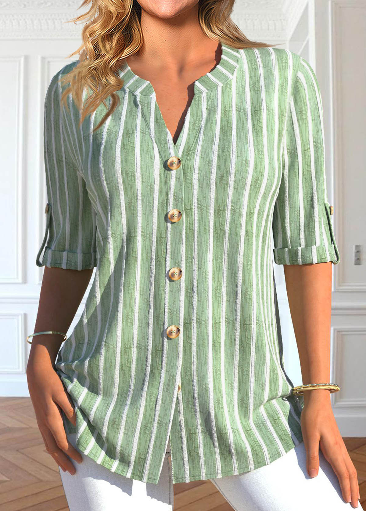 Plus Size Light Green Button Striped Half Sleeve Shirt | picture 