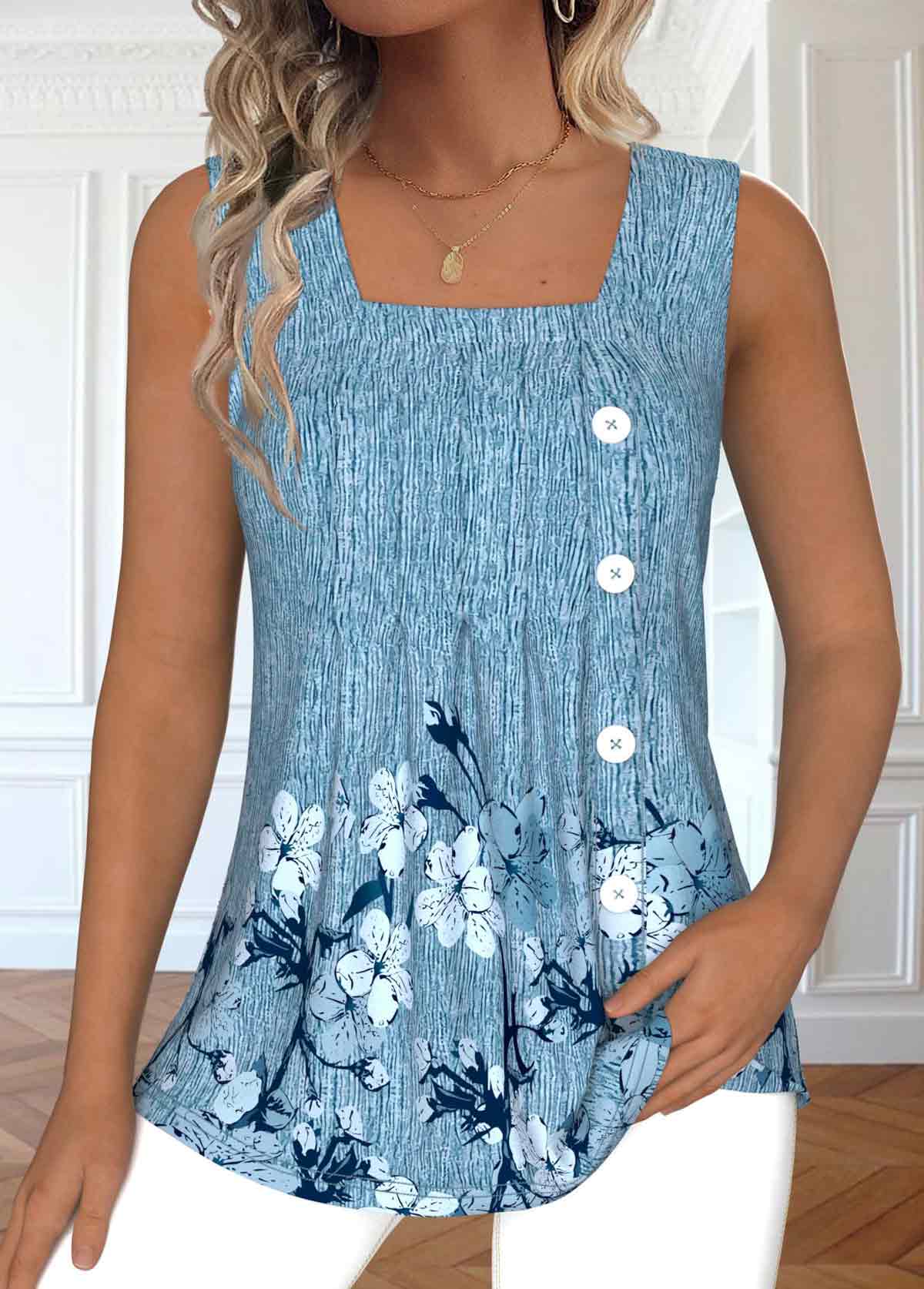 Dusty Blue Button Floral Print Sleeveless Tank Top