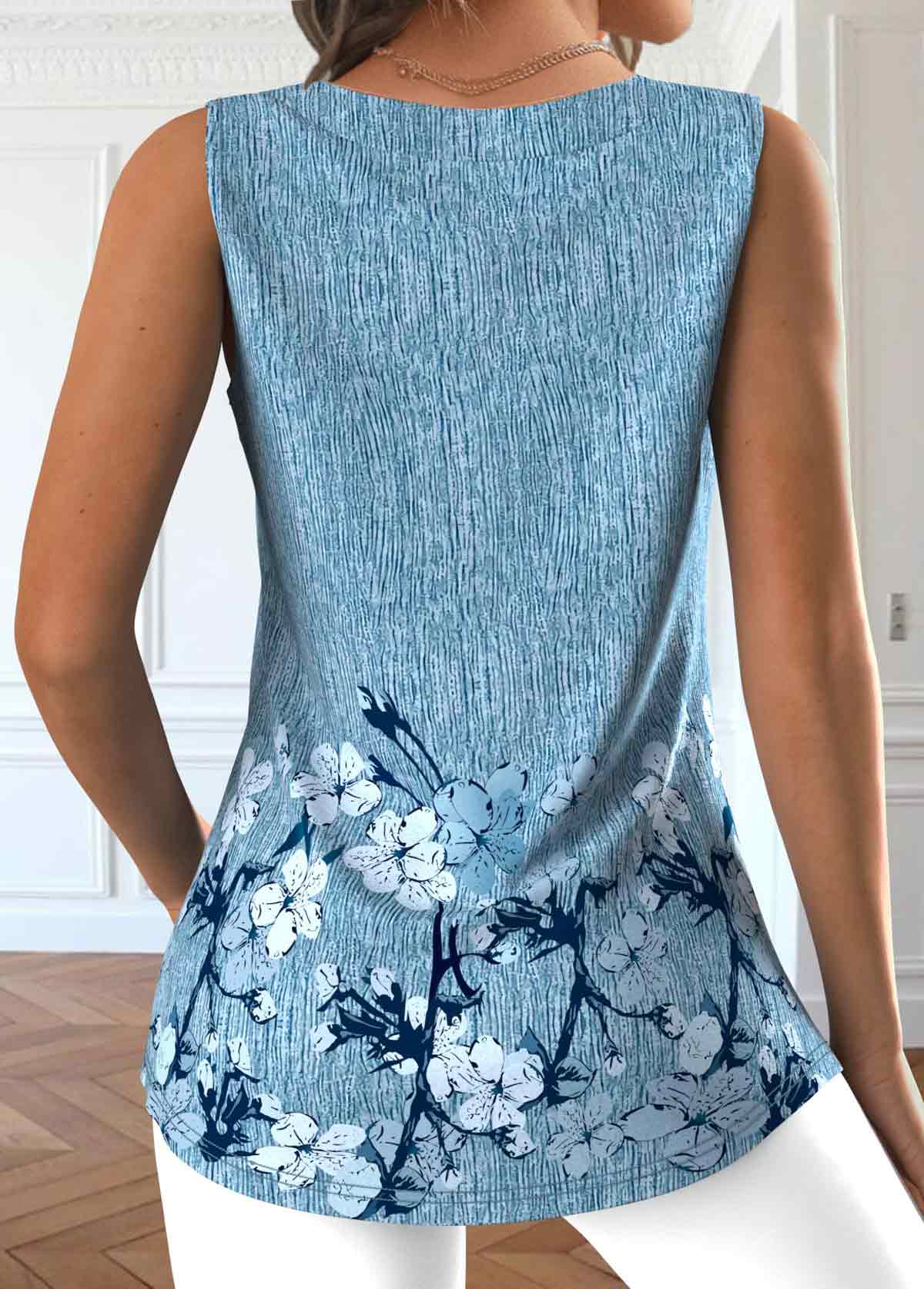 Dusty Blue Button Floral Print Sleeveless Tank Top