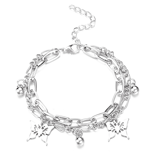 Silvery White Butterfly Alloy Layered Chain Anklet