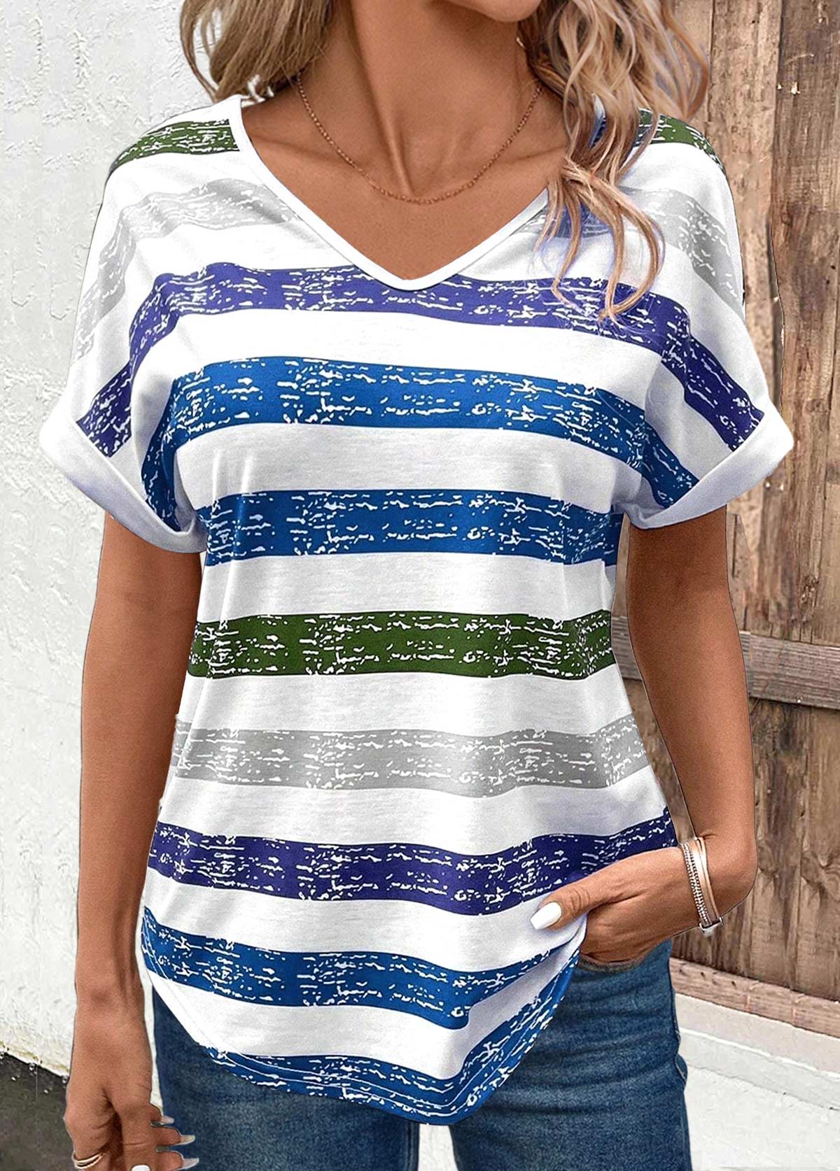 Sky Blue Breathable Multi Stripe Print T Shirt
