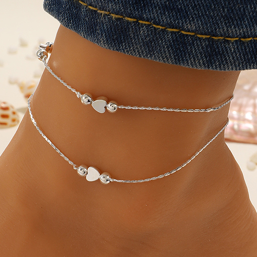 Layered Design Silvery White Heart Alloy Anklet