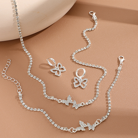 Silvery White Rhinestone Butterfly Alloy Necklace Set