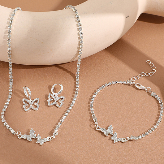 Silvery White Rhinestone Butterfly Alloy Necklace Set