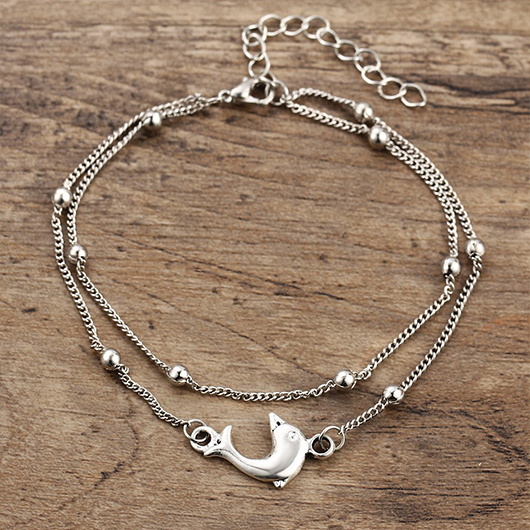 Silvery White Dolphin Layered Alloy Anklet