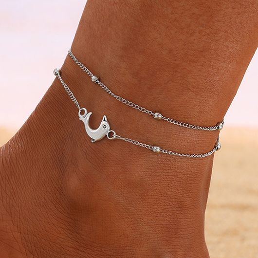 Silvery White Dolphin Layered Alloy Anklet