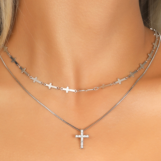 Silvery White Cross Layered Alloy Necklace