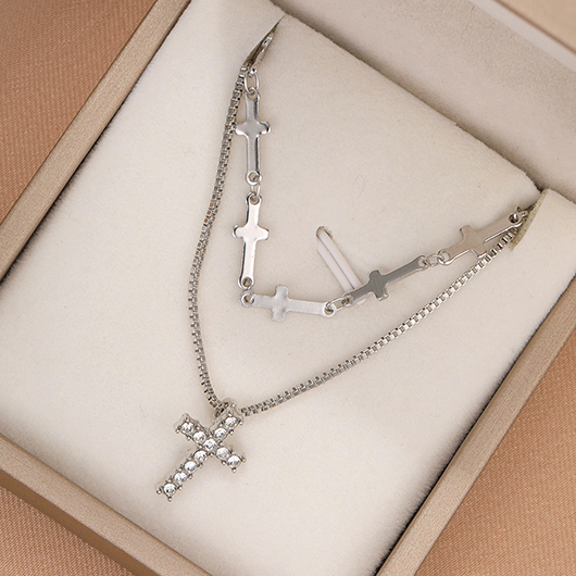 Silvery White Cross Layered Alloy Necklace