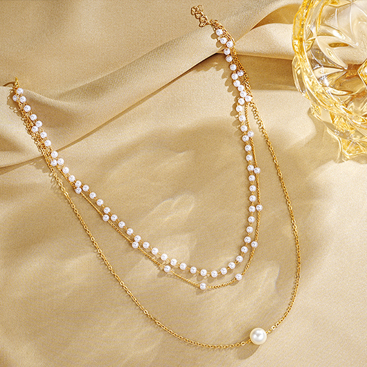 Silvery White Pearl Layered Alloy Necklace