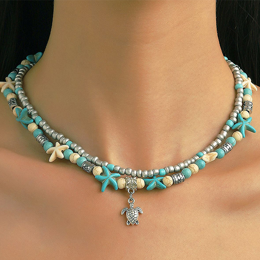 Mint Green Turtle Alloy Layered Design Necklace