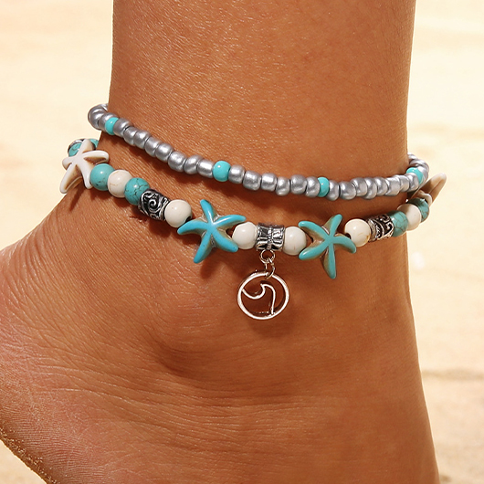 Mint Green Starfish Alloy Layered Anklets | picture 