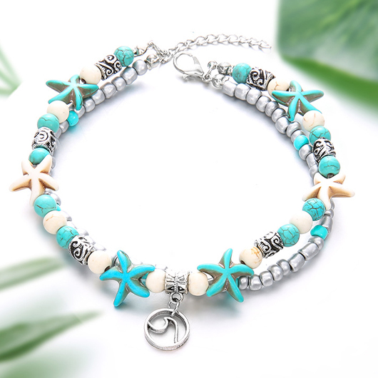 Mint Green Starfish Alloy Layered Anklets | picture 