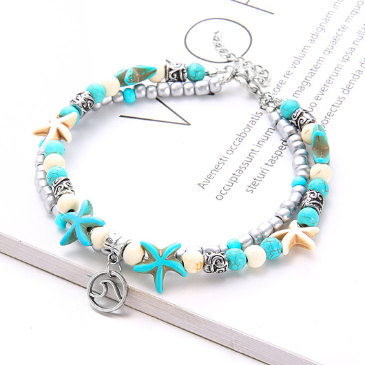 Mint Green Starfish Alloy Layered Anklets | picture 