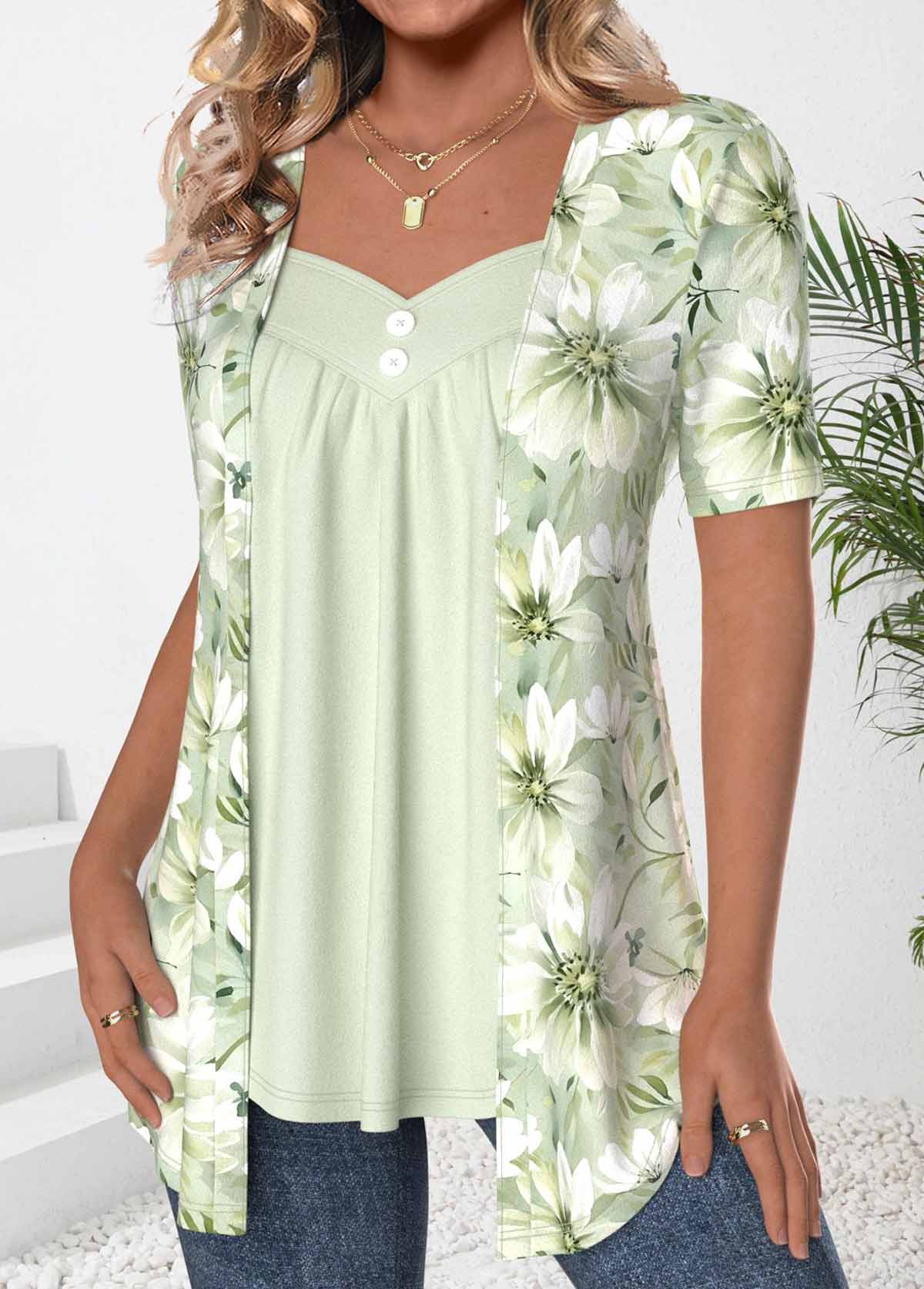 Light Green Floral Print Fake Two Piece Twinset | picture 
