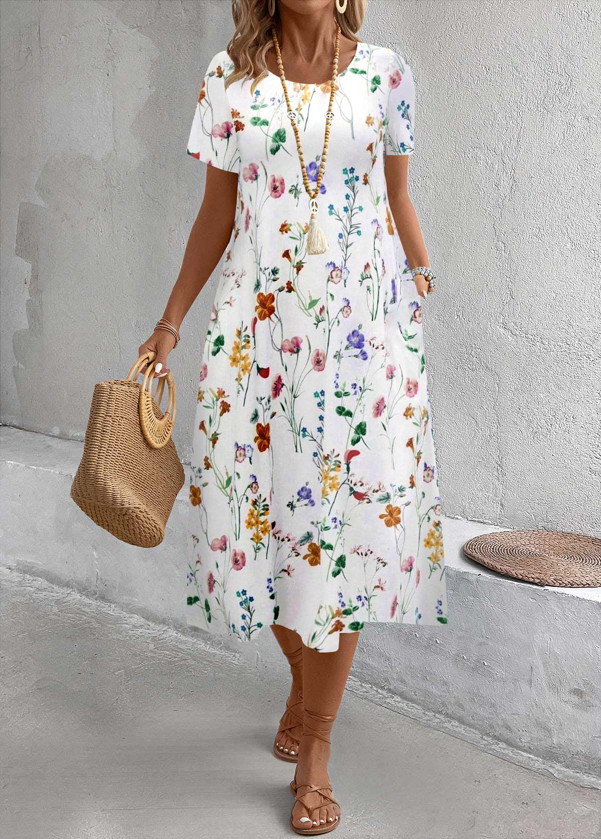 White Breathable Floral Print A Line Short Sleeve Dress