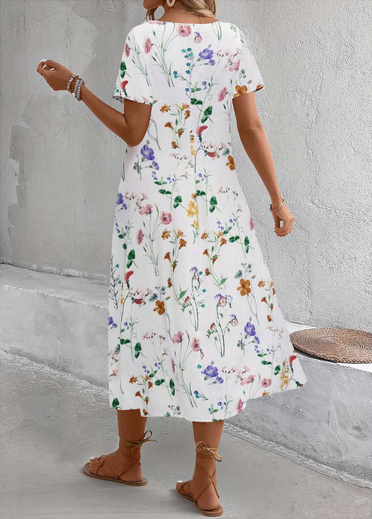 White Breathable Floral Print A Line Short Sleeve Dress