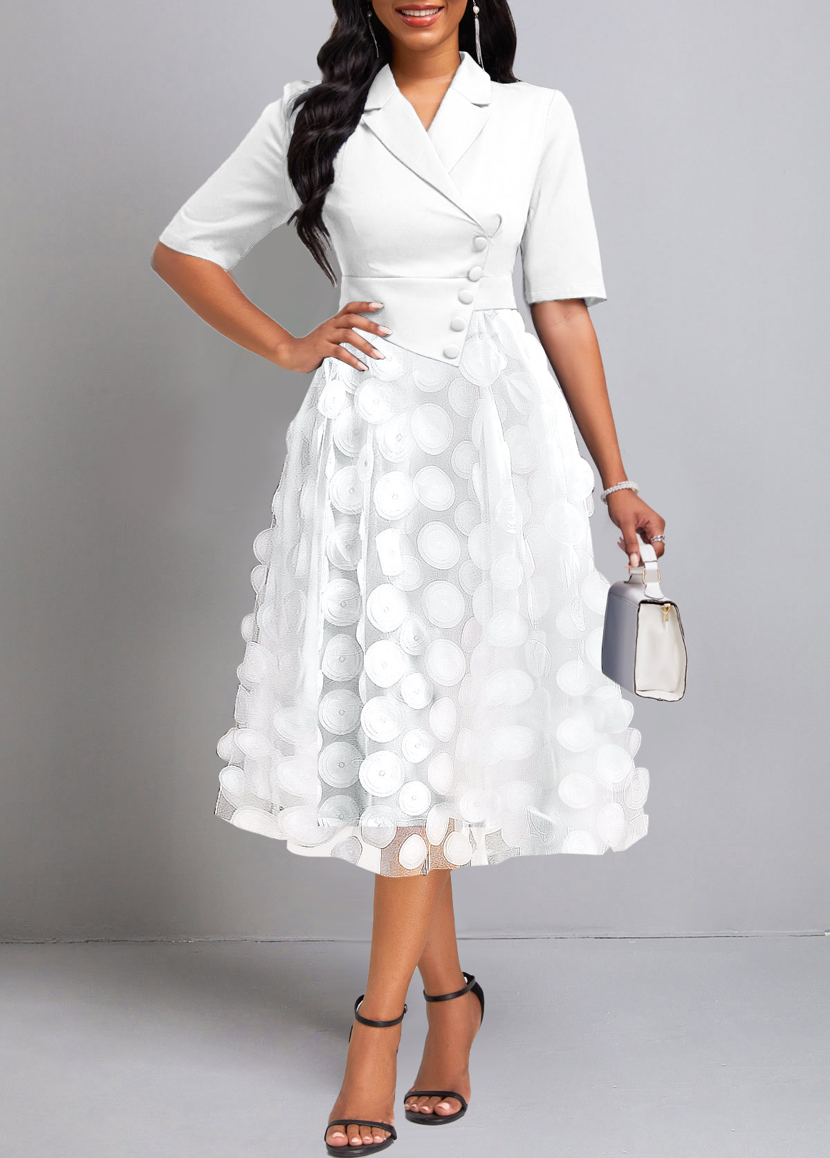 Raw White Burn Out Printing Short Sleeve Lapel Dress