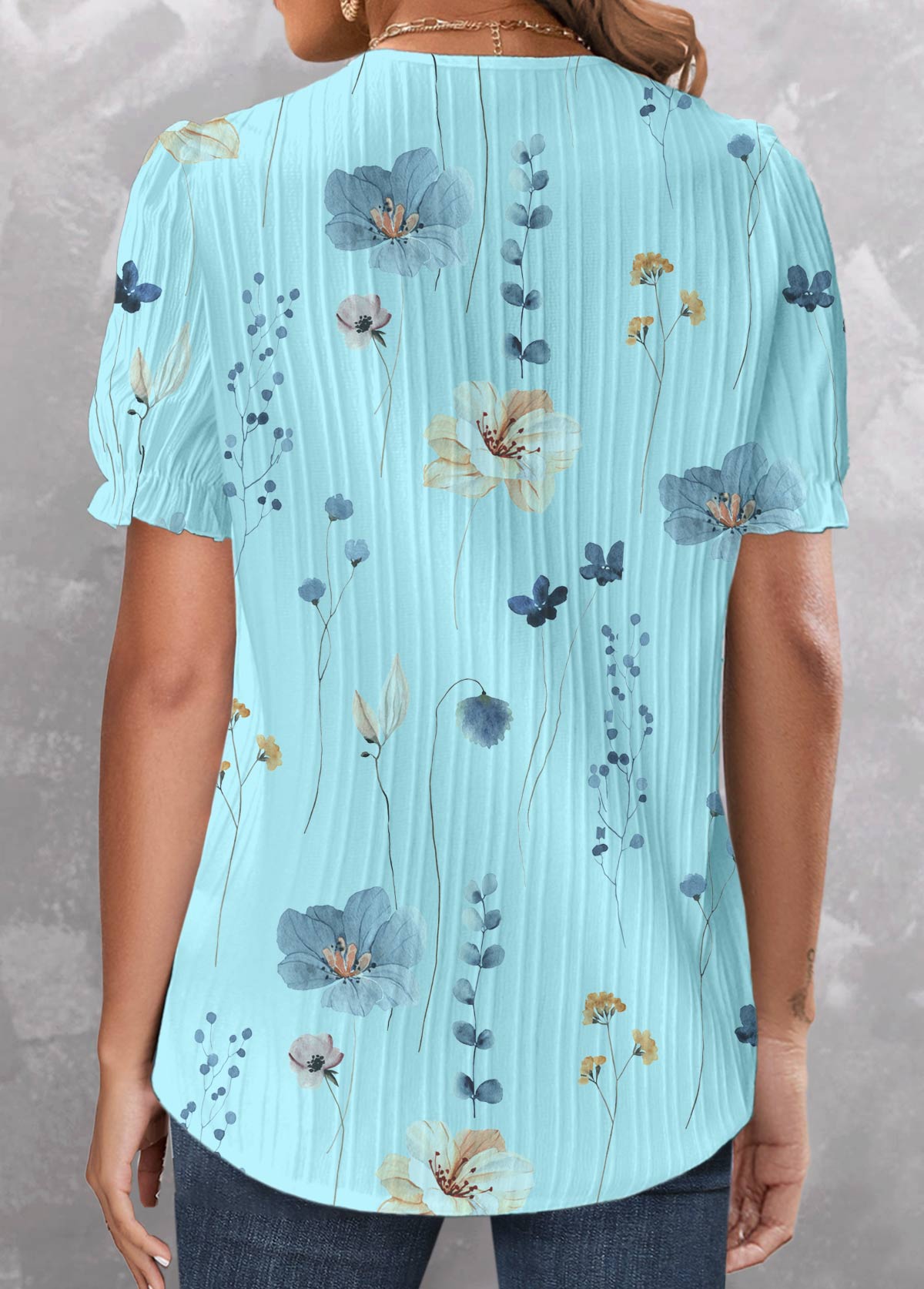 Plus Size Cyan Patchwork Floral Print Short Sleeve Shirt