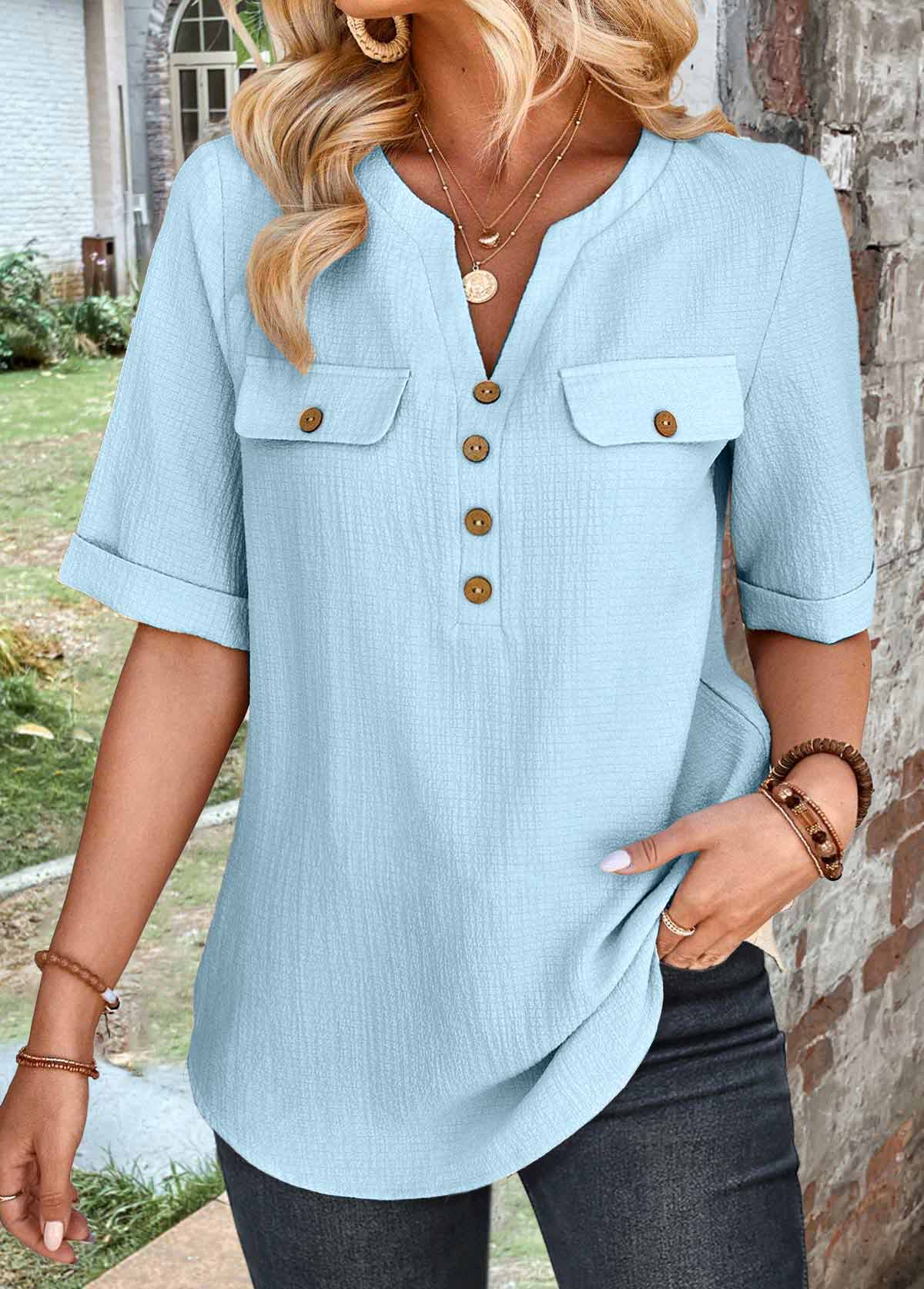 Light Blue Button Half Sleeve High Neck Blouse | picture 