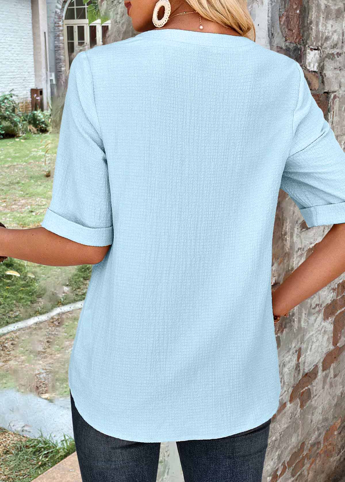 Light Blue Button Half Sleeve High Neck Blouse | picture 