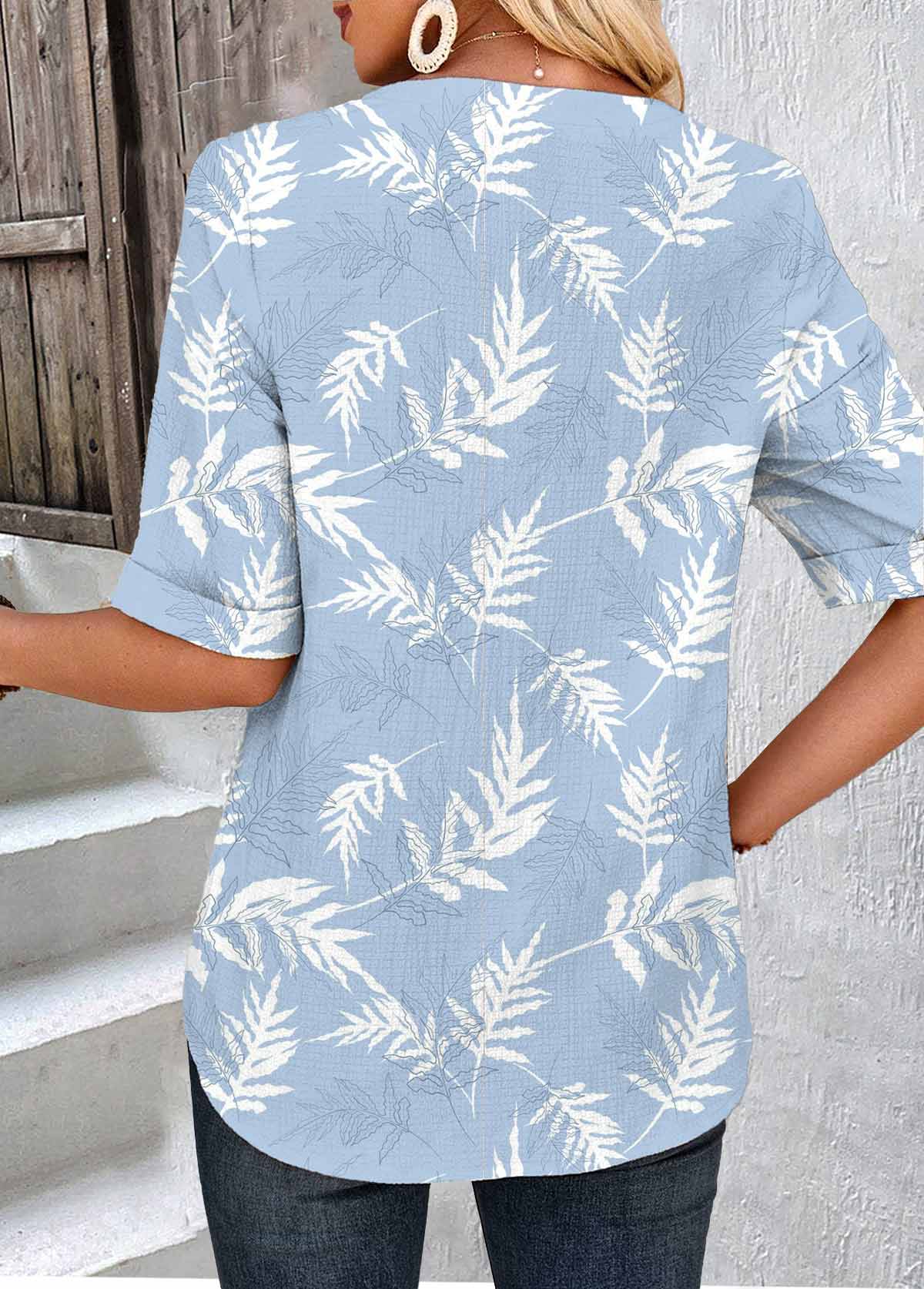 Blue Patchwork Leaf Print Short Sleeve Split Neck Shirt