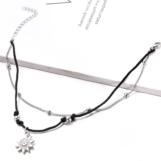 Black Alloy Beaded Sun Layered Anklet