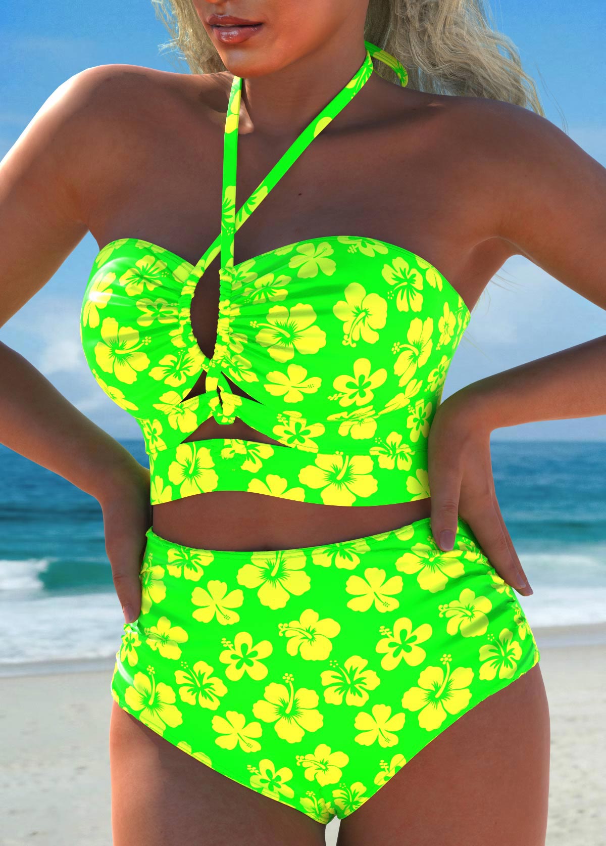 Drawstring Floral Print Neon Green Bikini Set