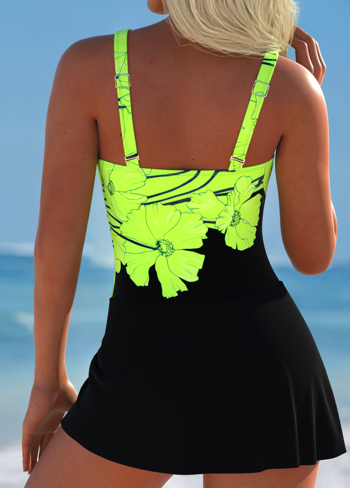 Tie Floral Print Neon Green One Piece Swimdress | picture 